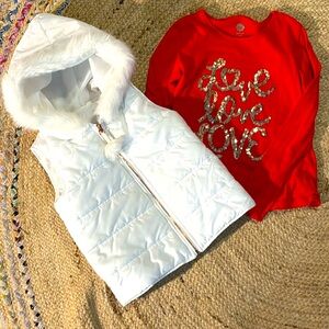 White Puffer Vest and Red Love Shirt